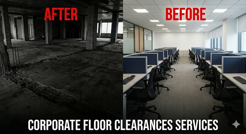 Before and after comparison of an office dismantling service in Marathahalli showing a fully cleared corporate workspace