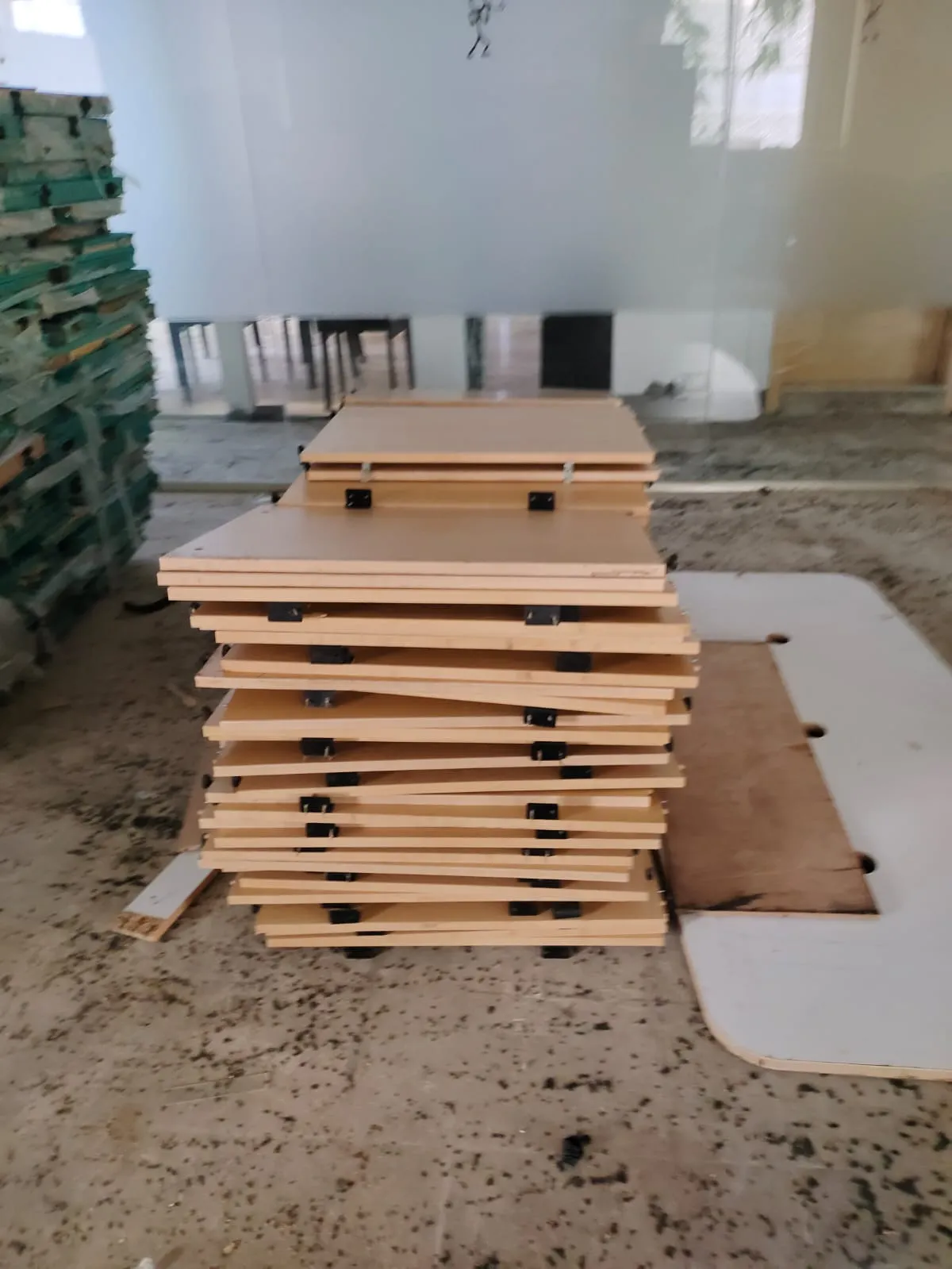 Cubicle Panel Breakdown | Office Furniture Dismantling Marathahalli Wooden worktops and modular cubicle partitions flat-packed during a professional office furniture dismantling Marathahalli project.